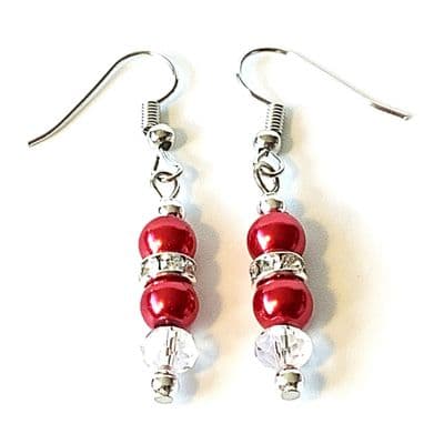 CHANDELIER S/P EARRINGS Red Glass Pearls & Clear Facets 1¾