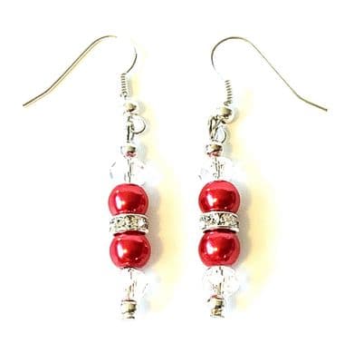 CHANDELIER S/P EARRINGS Red Glass Pearls & Clear Facets 1¾