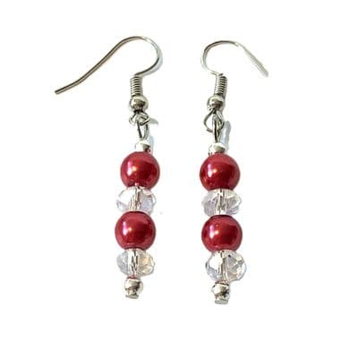 CHANDELIER S/P EARRINGS Red Glass Pearls & Clear Facets 2