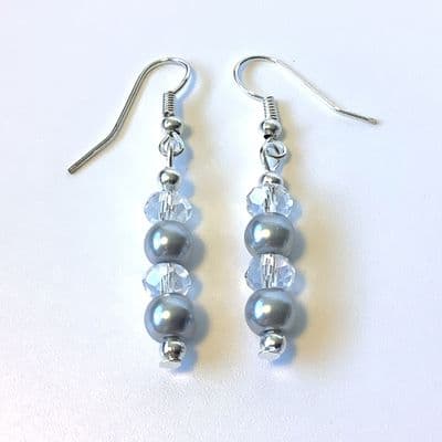 CHANDELIER S/P EARRINGS Slate Grey Glass Pearls & Clear Facets 1¾