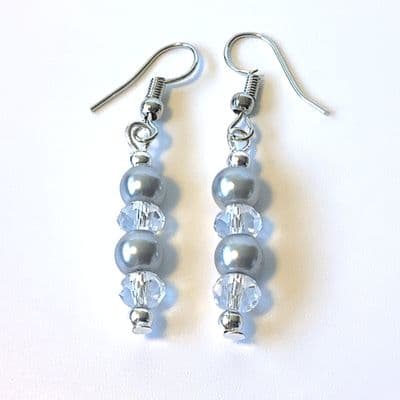 CHANDELIER S/P EARRINGS Slate Grey Glass Pearls & Clear Facets 1¾