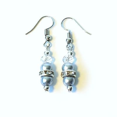 CHANDELIER S/P EARRINGS Slate Grey Glass Pearls & Clear Facets 1¾
