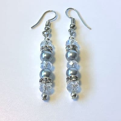 CHANDELIER S/P EARRINGS Slate Grey Glass Pearls & Clear Facets 2¼