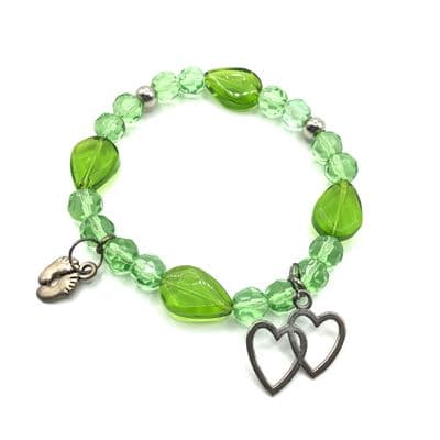 Glass Stretch Bracelet Green. S/P Charms.  STRBR0024