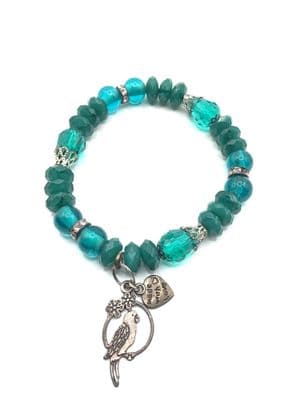 Glass Stretch Bracelet Teal. S/P Charms.  STRBR0020