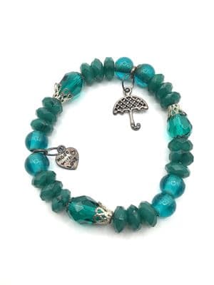 Glass Stretch Bracelet Teal. S/P Charms.  STRBR0022