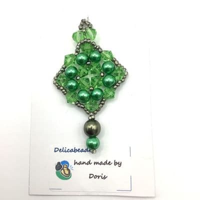 Green Glass Pearls & Facets Diamond Shape Pendant,PND0018