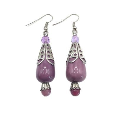 Lilac Ceramic Bead with S/P Filigree Caps Earrings  EAR0002