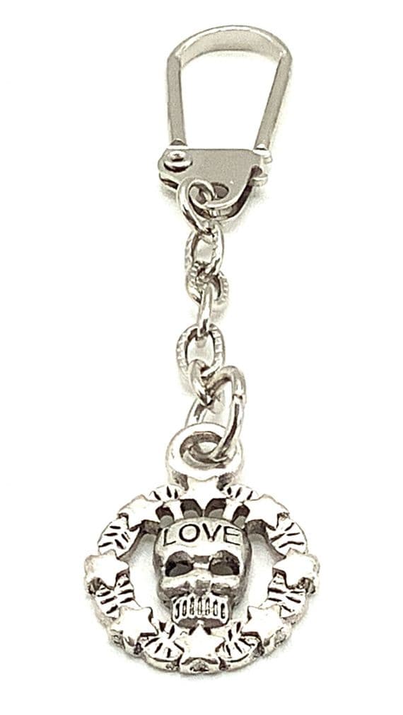 S/P Skull with Love in Star Wreath KEYRING 2¾