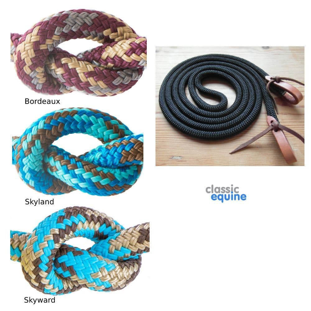 Rope Reins with Leather Waterloops - 10 ft - Various Colours