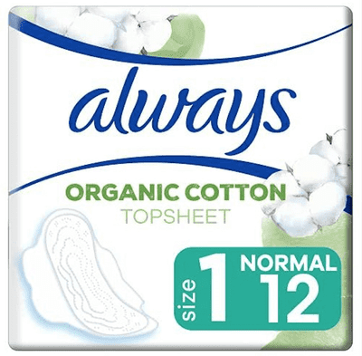 Always Organic Cotton Topsheet Size 1 Sanitary Towels, Wings Pack of 12