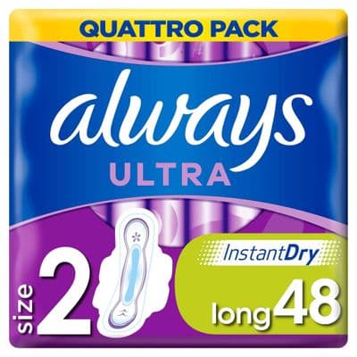Always Ultra Long Sanitary Towels Wings, 48 Ultra Thin Pads, Size 2