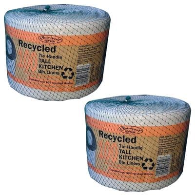 Banquet Recycled 100 Tie Handle Tall Kitchen Bin Liners, White (2 Pack - 200 Bags)