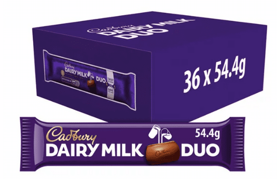 Cadbury Dairy Milk Duo Chocolate Bars, Classic Creamy Taste, 54.4 g (Pack of 36)