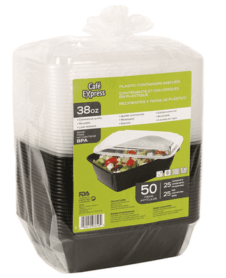 Café Express 38oz Black Plastic Reusable Containers with Clear Lids, 50 Pack