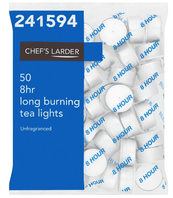 Chef's Larder Unscented Tea Lights, 50 Pack, 8 Hour Burn