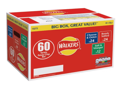 Crisps, Walkers Variety Box Crisps 60 Pack, Cheese & Onion, Ready Salted, Salt & Vinegar