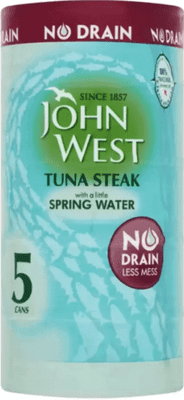 John West Tuna Steak in a Little Spring Water. No Drain. (5x110g tins)