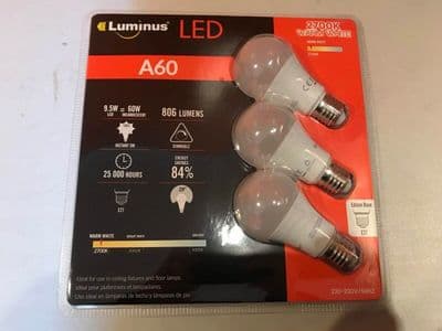 Luminus LED A60 Light Bulbs 3 Pack, Edison Base E27 Instant On 100% 25,000 Hours