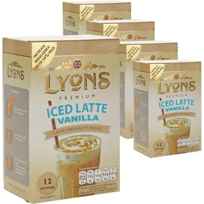 Lyons Premium Iced Vanilla Latte Instant Coffee, 5 Packs of 12 Sachets
