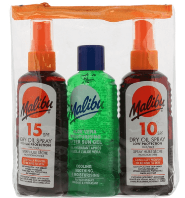 Malibu 3 Pack Dry Oil Spray SPF 10 & SPF 15 plus After Sun 100ml