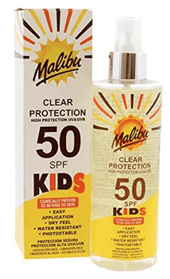 Malibu Kids High Protection Water Resistant Dry Feel SPF 50 Sun-Screen Clear Spray, 250ml