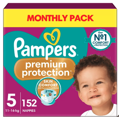 PampePampers Premium Protection Size 5, 152 Nappies, 11kg-16kg, Monthly Pack, Double Protection for