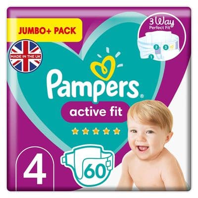 Pampers Baby Nappies Size 4 (15+ kg / 33 lbs), Active Fit, 60 Count