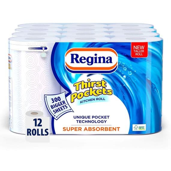 Regina Thirst Pockets Kitchen Roll, 12 Rolls, 1,200 Super Absorbent Sheets