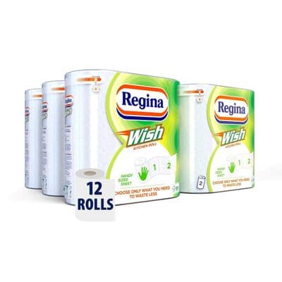Regina Wish Kitchen Roll | 12 Rolls | 130 Handy Sized Sheets | |Flexible and Waste Reducing-
