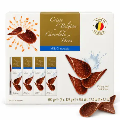 Royal Chocolates Crispy Belgian Chocolate Thins, Milk Chocolate, 4 Packs of 125g