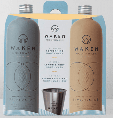 Waken Mouthwash, 2 x 500ml Peppermint and Lemon & Mint Mouthwash with Stainless Steel Mouthwash Cup
