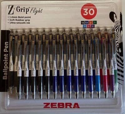 Zebra Z-Grip Retractable Ballpoint Pens 30 Pack – Medium Point (1.2mm)