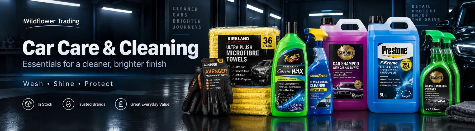 Car cleaning and vehicle care products available from Wildflower Trading