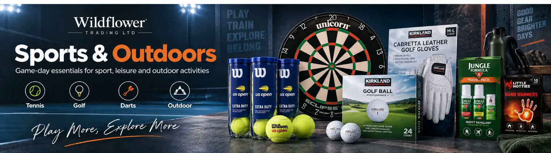 Sports and outdoor essentials including tennis, golf and darts from Wildflower Trading Ltd