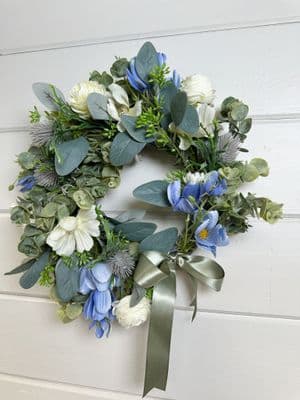10-Inch Handmade Sage Green,  Cosmos, Thistle & Eucalyptus Wreath – Cute Floral Door or Wall Decor