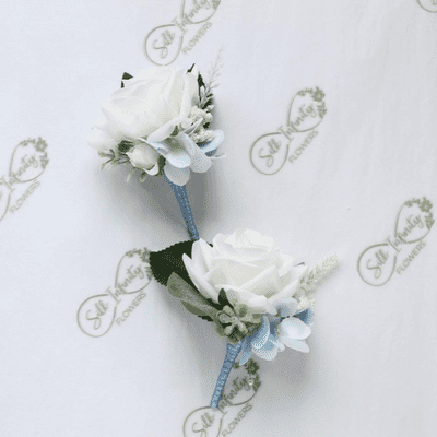 Afina Artificial Dusty Blue Rose Buttonhole - White Rose Wedding Boutonniere - Grooms Buttonhole