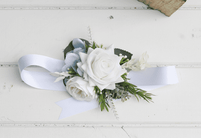 Afina Artificial White Rose Wrist Corsage - Blue Flower Corsage - Ladies Magnet Corsage