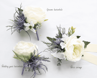 Alisa Artificial Scottish Thistle Buttonhole - Ivory Peony Boutonniere -  Blue Wedding Buttonhole
