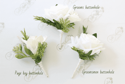 Alluria Real Touch White Rose Buttonhole - Artificial White Rose Groom Wedding Buttonhole -