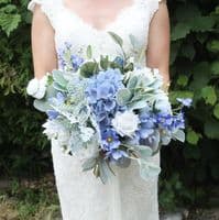April Blue and White Artificial Bridal Bouquet – Spring Faux Wedding Flowerst