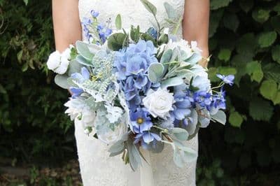 April Blue and White Artificial Bridal Bouquet – Spring Faux Wedding Flowerst