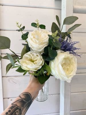 Artificial Blue Scottish Thistle, Ivory Rose Arrangement - Rose & Thistle Hand Tied In Vase