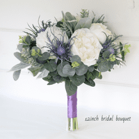 Artificial Blue Thistle Bridal Bouquet – Scottish Ivory Peony & Thistle Wedding Flowers