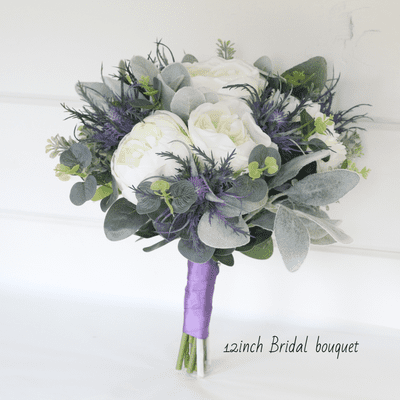 Artificial Blue Thistle Bridal Bouquet – Scottish Ivory Peony & Thistle Wedding Flowers
