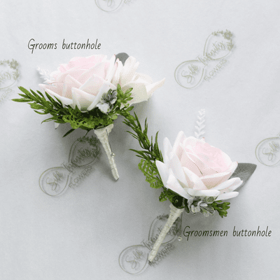 Artificial Blush Pink Rose Boutonniere - Pink Real Touch Rose Buttonhole - Grooms Wedding Buttonhole