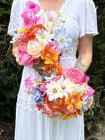 Artificial Bright Orange Pink Wedding Bouquet -  Bright Pink Blue Bridal Bouquet –