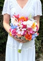 Artificial Bright Orange Pink Wedding Bouquet -  Bright Pink Blue Bridal Bouquet –