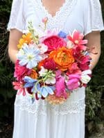 Artificial Bright Orange Pink Wedding Bouquet -  Bright Pink Blue Bridal Bouquet –