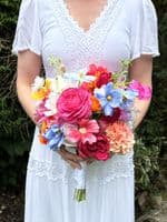 Artificial Bright Orange Pink Wedding Bouquet -  Bright Pink Blue Bridal Bouquet –